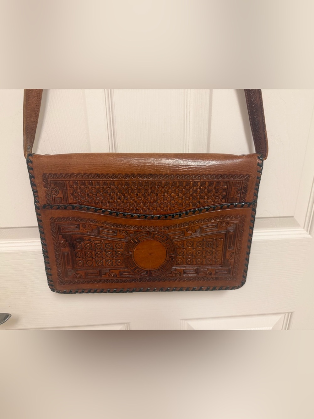 Vintage 1970s Mexican Hand Tooled Leather Shoulder Bag Aztec Calendar Boho